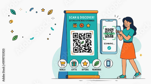 Digital interaction using QR code for deals. A contemporary illustration capturing a customer's engagement with a digital display, offering a fresh.