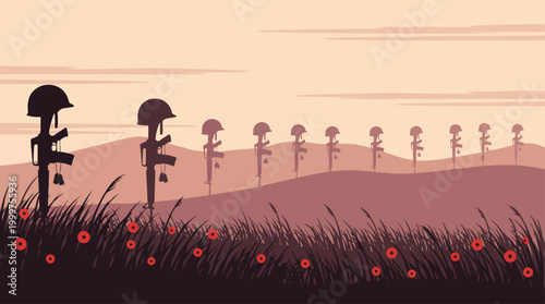 Honoring Memorial Day A poignant landscape featuring silhouetted battlefield memorials and vibrant poppies, remembering sacrifice