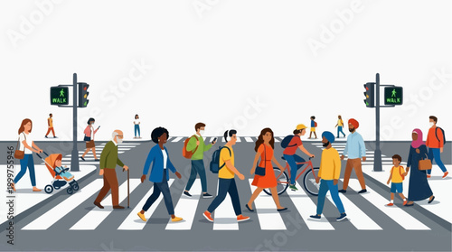 A vibrant street scene showing an active crosswalk filled with individuals, some wearing masks, navigate a pedestrian crossing with the help of traffic signals.