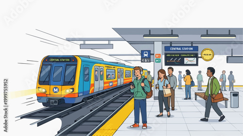 A vibrant illustration captures the dynamic scene of a subway station, where passengers patiently await the arrival of the train on the platform. The train speeds into the station.