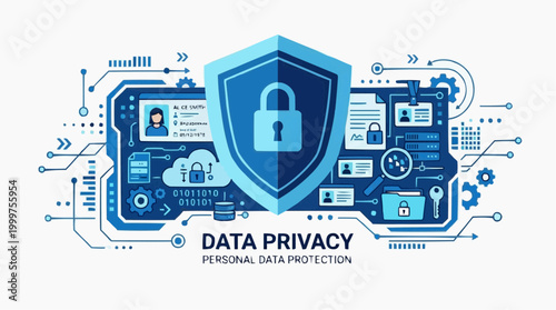 A detailed illustration highlighting data privacy and personal protection concepts, featuring a shield with a padlock and circuit board elements.