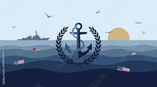 A poignant naval tribute on Memorial Day, honoring heroes with an anchor, ship, and flags at serene sunset