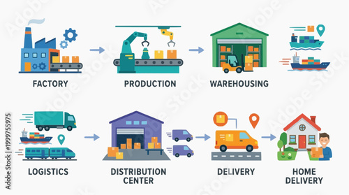 Streamline your logistical processes with this informative illustration. the image describes each step involved in the supply chain. 