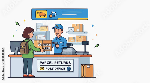 Customer Returns a parcel at the post office counter, showing a customer returning a parcel to a postal worker, illustrated with a clean graphic style.