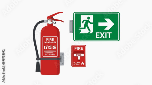Emergency equipment for immediate response, featuring essential safety tools. Fire extinguisher, exit sign, and fire alarm station.