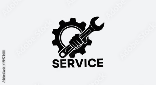 Hand holding wrench in front of gear with word SERVICE