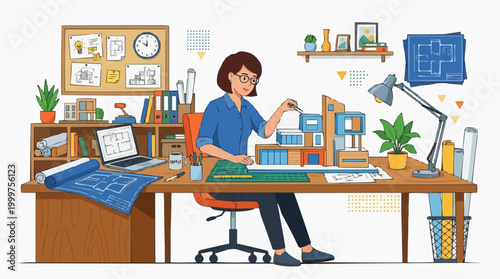An architect diligently crafting a model of a building in a meticulously designed workspace, blending artistry with technical precision.