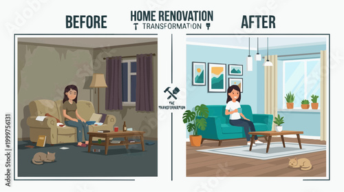 Home renovation transformation comparison, a before-and-after showcasing a home's transformation, emphasizing improvement and design, appealing to interior decor and architectural enthusiasts.