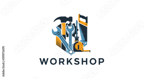 Workshop Tools Emblem Logo: Hammer, Saw, Wrench, Screwdriver, Tape Measure