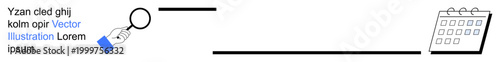 Business analysis, scheduling tasks, time management, research, planning, productivity enhancement. A hand holds a magnifying glass inspecting text connected to a calendar icon. Scheduling
