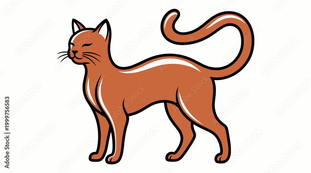 Naklejka premium Graceful orange cat standing with closed eyes and a curved tail, isolated on white background, vector illustration.