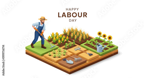 Isometric illustration showing a farmer tending to a garden filled with various plants on Labour Day, set against a clean white background, celebrating the working class and workforce