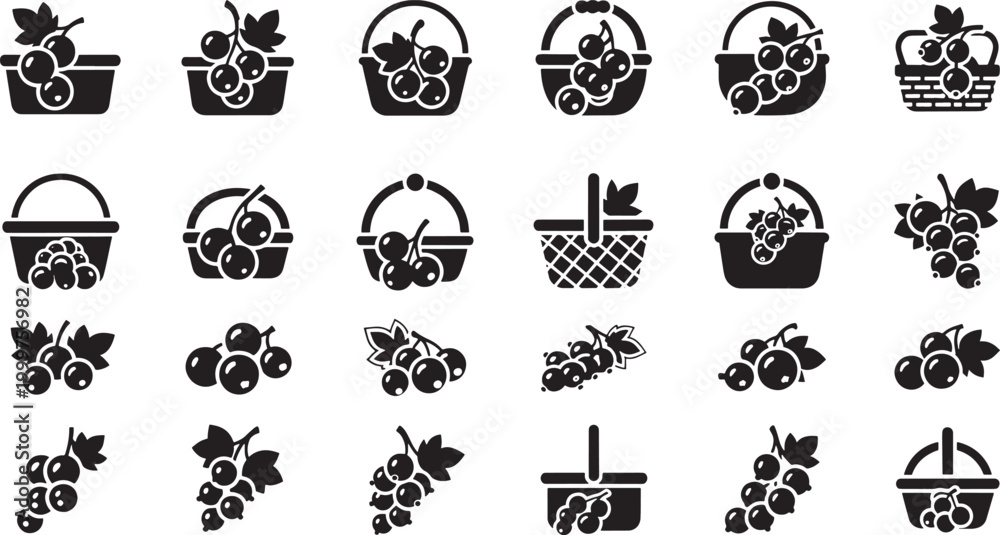Fototapeta premium Black berry and currant in baskets and on branches berries currants blackcurrant