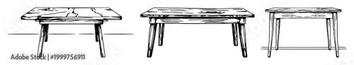 Wooden table set with black line art design on white background featuring texture, grain, surface with rustic and handcrafted
