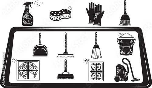 Black and white cleaning supplies and decorative on a shelf spray bottle sponge gloves