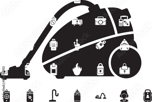 Black and white of a vacuum cleaner with integrated cleaning household appliance