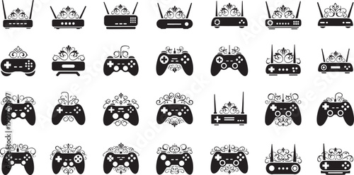 Black of Routers and Game Controllers with Ornate Decorations black and white technology gaming