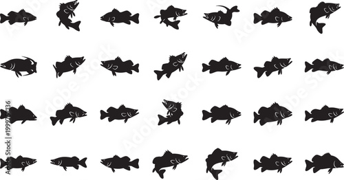 Collection of black fish silhouettes in various poses and species white background aquatic