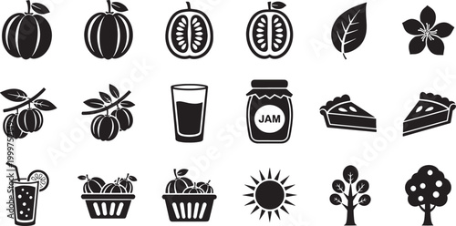 Collection of black fruit including whole fruits sliced fruits jam jar pie slices and drinks
