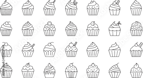Collection of black line cupcakes with various toppings and frosting swirls dessert sweet food