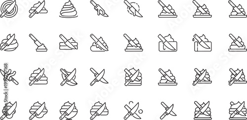 Collection of black line depicting knives interacting with food and abstract shapes knife black and white