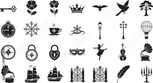 Collection of black silhouette featuring vintage and symbols flower crown bird tree