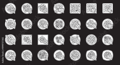 Collection of line depicting salads and cheese on black background food line black and white