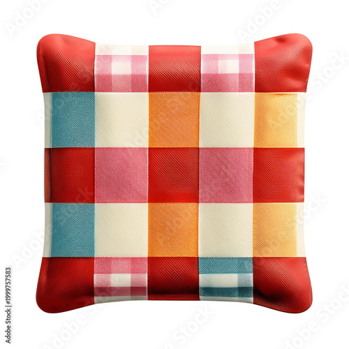 Colorful Checkered Cushion with Red and Orange Patterned Design, Isolated On transparent Background