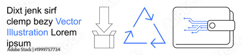 Sustainability, digital finance, e-commerce, recycling, eco-friendly manufacturing, technology. Recycling triangle, digital wallet with circuit lines open box design. Sustainability and digital