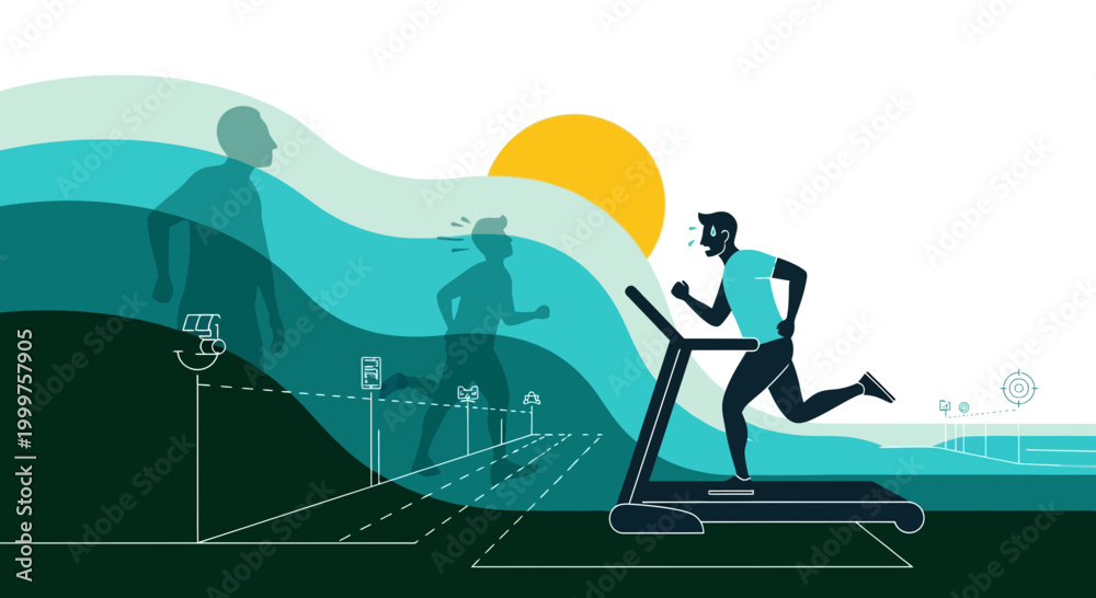 Fototapeta premium Man Running on Treadmill with Energy Waves and Sun Illustration