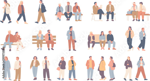 Collection of illustrated people in everyday poses and interactions, diverse casual clothing, urban social scenes, gestures, and body language study assets