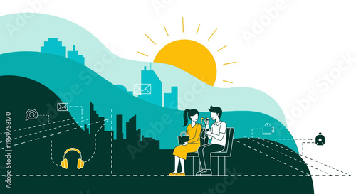 Couple Sharing Music in Urban City Park Vector Illustration