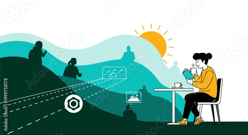 Woman sitting at an outdoor cafe reading a book and drinking coffee