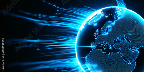 Futuristic glowing digital globe with interconnected light beams illustrating global technology and network connectivity concept