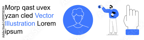 User experience, digital profiles, online interaction, identity, interface design, communication. Blue avatar, person interacting with an object pointing hand. User experience and digital profiles