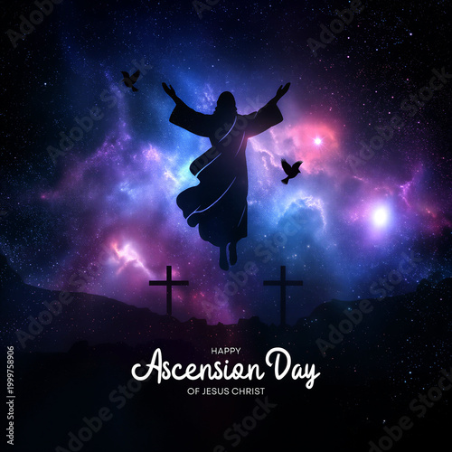 Inspiring ascension day illustration with silhouette of jesus and crosses under cosmic sky background