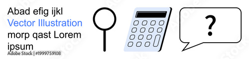 Data analysis, problem-solving, communication, research, education, technology. Vector shows a magnifying glass, calculator and speech bubble with a question mark. Data analysis and problem-solving