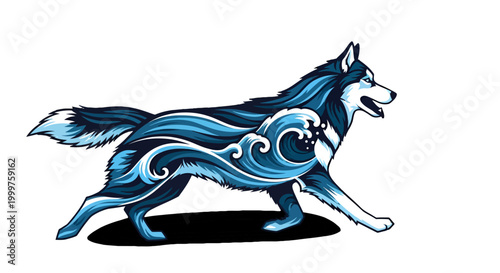 Stylized Siberian Husky dog with artistic ocean wave fur patterns Isolated on transparent background.