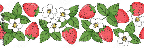 Strawberry with leaves and flowers, seamless border pattern. Vector illustration, doodle. Berry background.