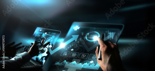 Modern digital healthcare and medical technology concept with hands using tablets for analytics data