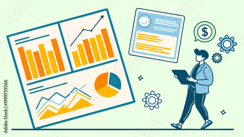Businessman holding a tablet while reviewing large data sheets and gear icons. Concept for business audit, accounting, strategic planning, and corporate performance review.