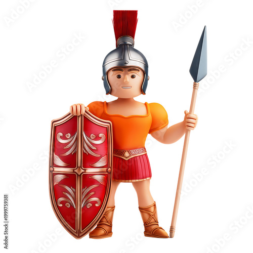 Roman Soldier with Shield and Spear in Colorful Cartoon Style