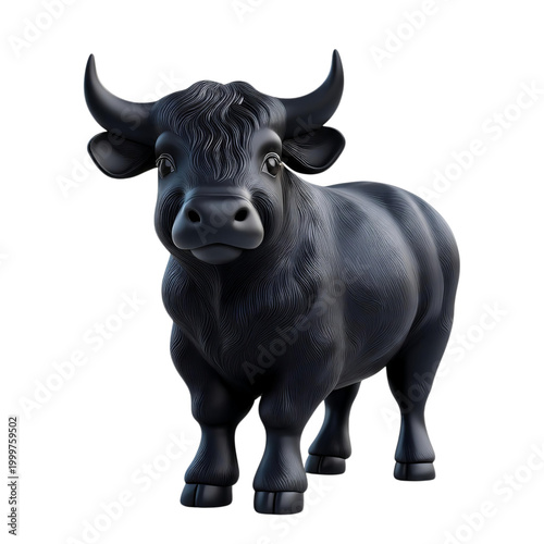 Realistic Black Bull Character in a Cartoon Style for Animated Content, Isolated on transparent background