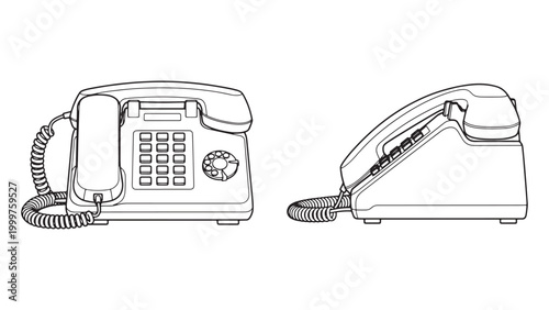 Detailed Line Art Illustration of Two Vintage Landline Telephones, Front and Side Views, Featuring Push Buttons and Coiled Cords