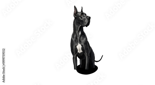 A stately black Great Dane dog sitting and looking to the side Isolated on transparent background.