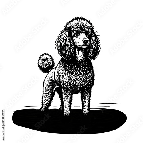 Black and white ink sketch illustration of a proud standing poodle Isolated on transparent background.