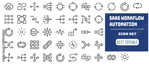 A comprehensive collection of abstract workflow automation and data flow icons representing business processes and technology systems.