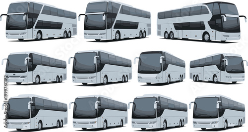Set of Modern Double-Decker Buses and Coaches in Various Angles for Transportation, Travel, and Tourism Themes