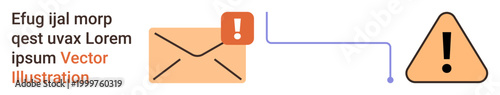 Cybersecurity, error notifications, email alerts, spam warning, data protection, risk awareness. Envelope with exclamation mark notification connected to warning triangle. Cybersecurity and error