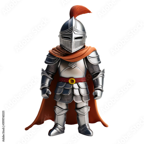 Cartoon Style Knight in Armor with Red Plume and Orange Cape, isolated on transparent background